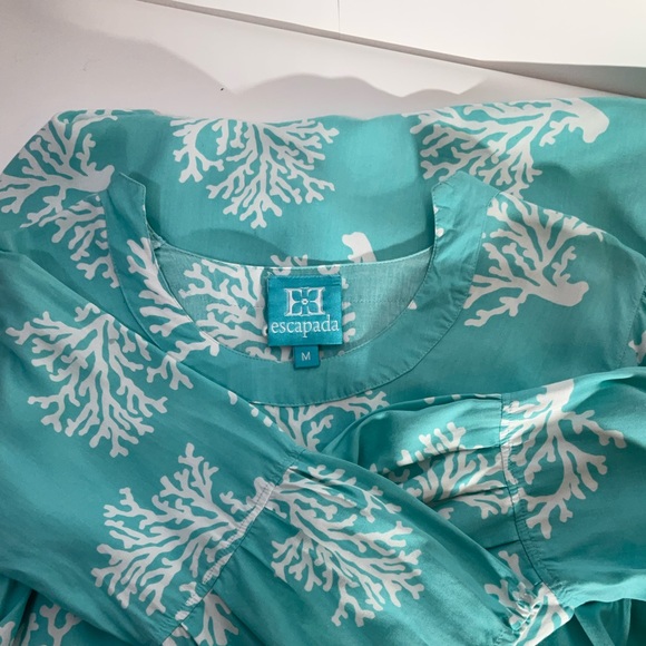 Escapada Swim Cover-Up Turquoise Blue White Coral Pattern Long Sleeve Size Med - Picture 3 of 16